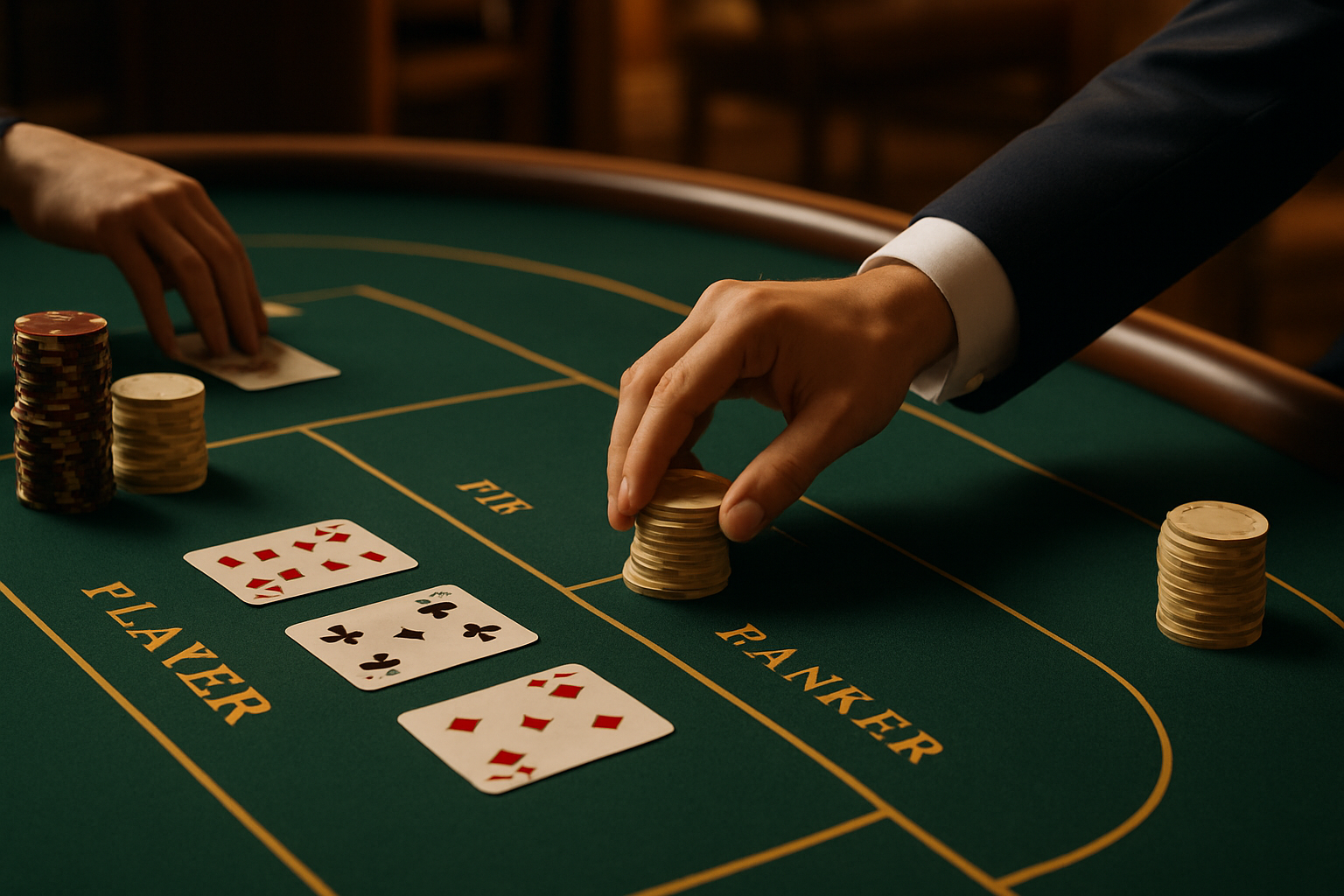 A stylish baccarat table scene with a hand placing a bet on 'Banker' in an upscale casino