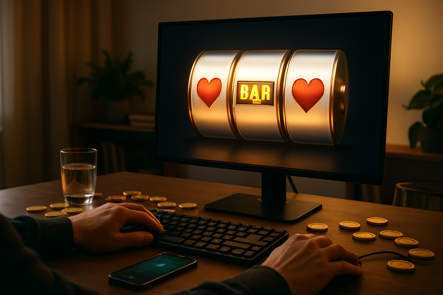 Modern home office with gaming setup showing online casino player loyalty theme.