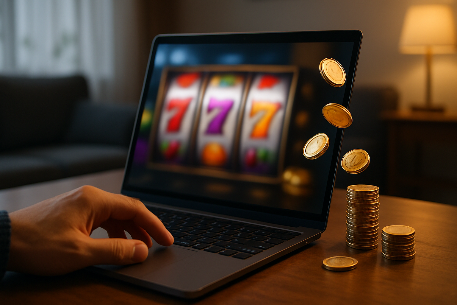 Hand engaging with laptop showing transparent online casino bonuses