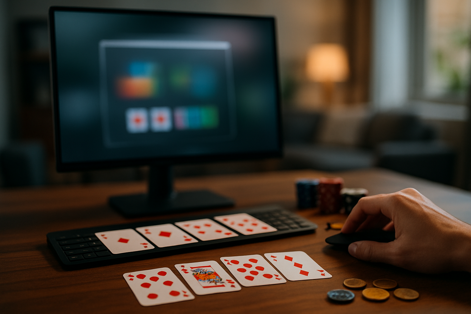 Hands using poker hand calculator with cards and chips nearby