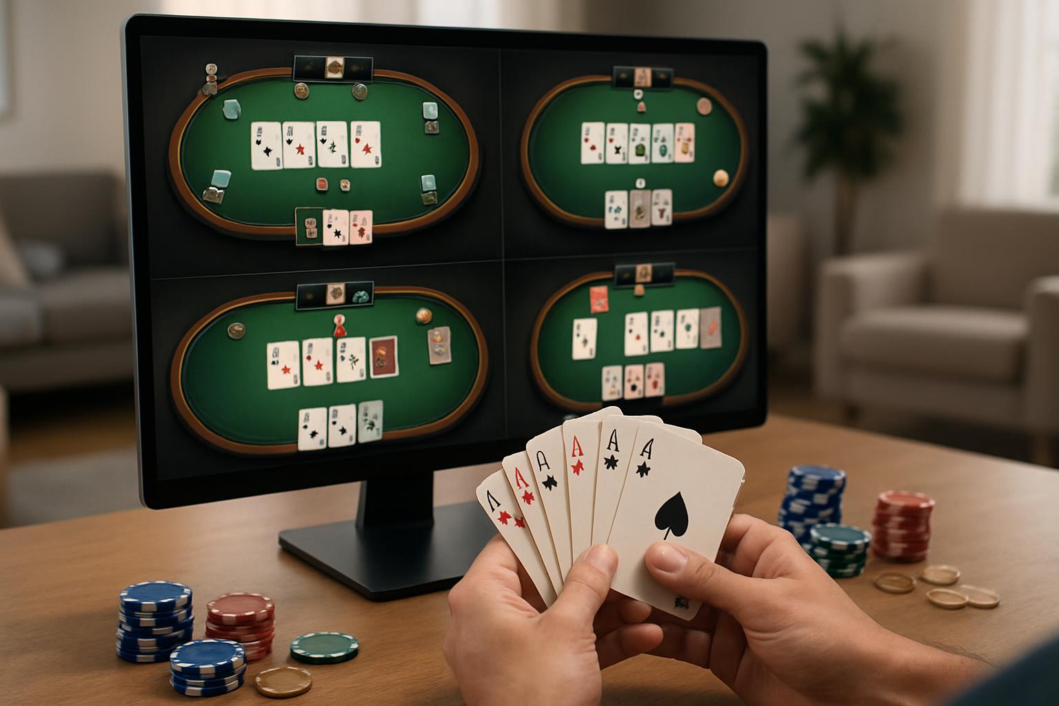 Player holding varied poker hands at online poker variants like Omaha, Stud, and Razz.