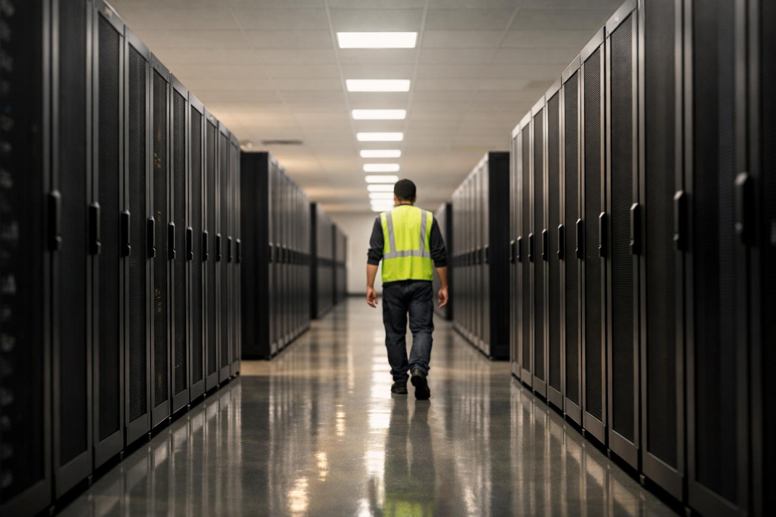 A technician walks away along a lit data center corridor with server racks.